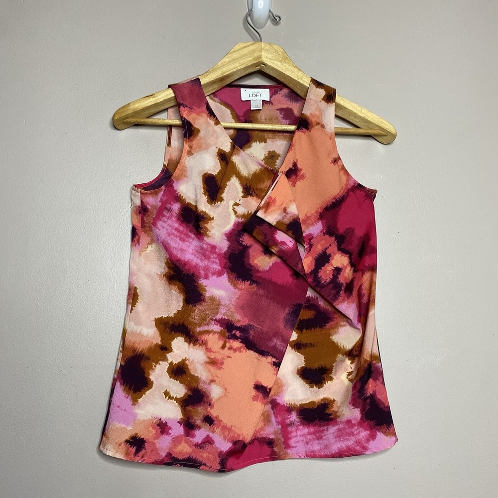 Ann Taylor Loft Pink Brown Asymmetrical Ruffle Sleeveless Blouse Women Size XS